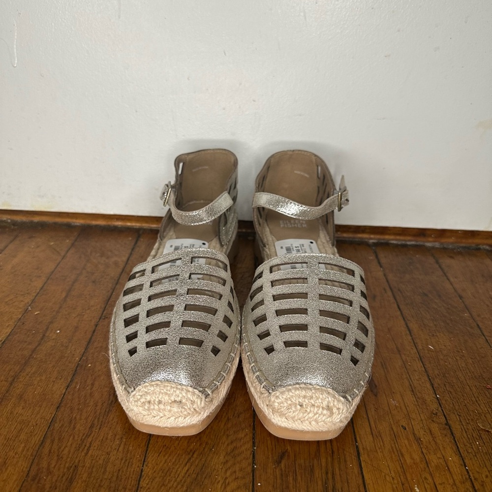 Eileen Fisher Women’s Metallic Leather Espadrille Sandals – Cutout Wedge Design